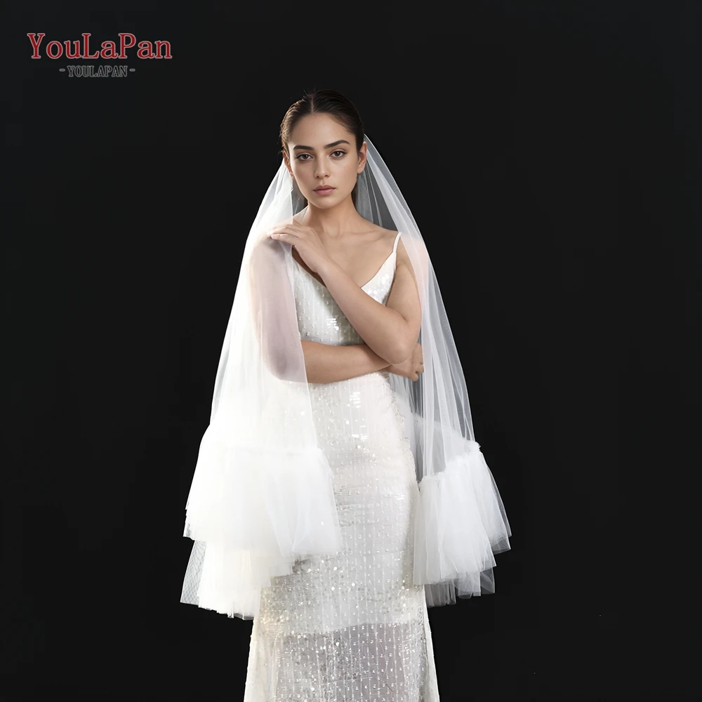 YouLaPan Two Layers Bridal Veils with Blusher Bridal Illusion Tulle Short Wedding Veil in Mesh Ruffled lace Applique Edge V183