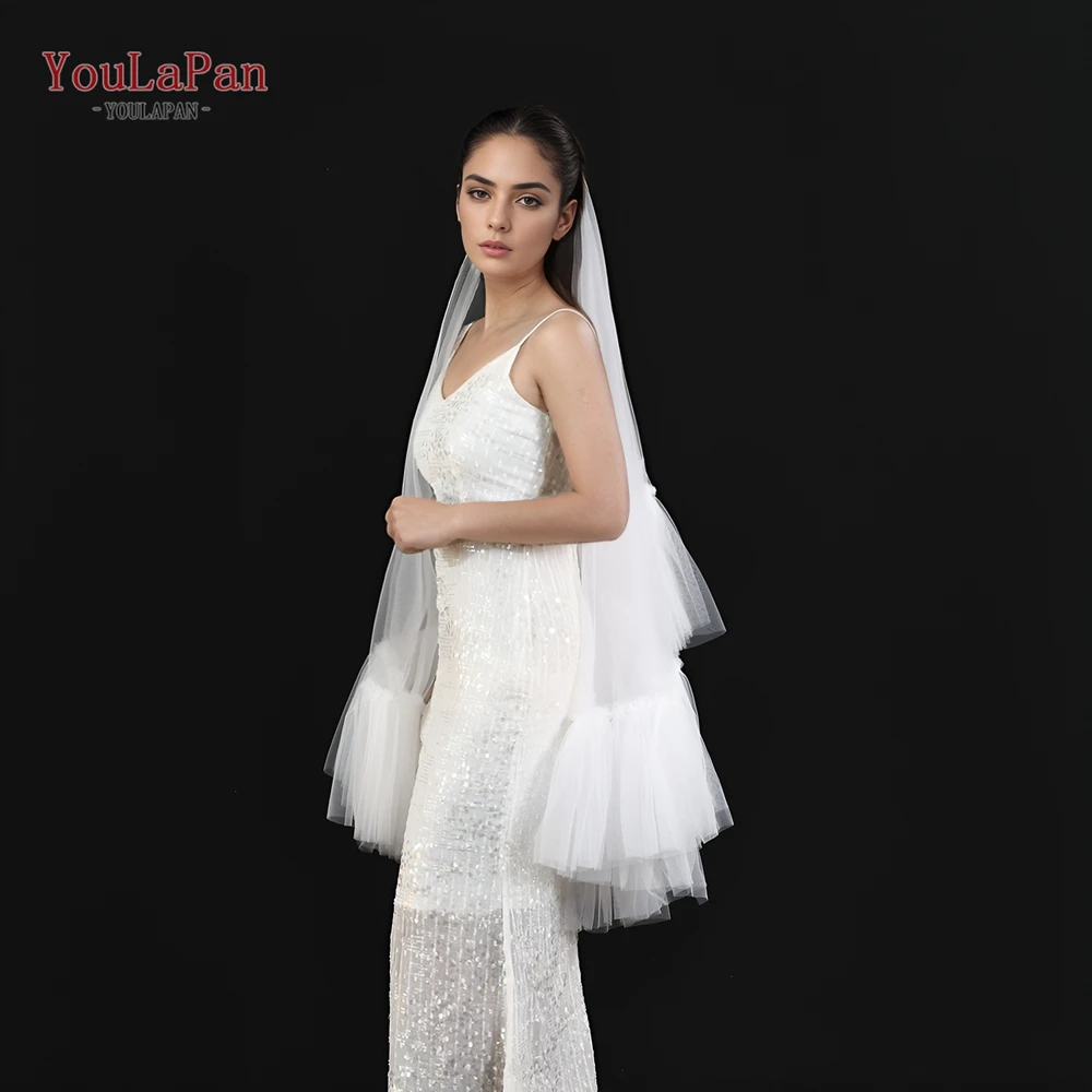 YouLaPan Two Layers Bridal Veils with Blusher Bridal Illusion Tulle Short Wedding Veil in Mesh Ruffled lace Applique Edge V183