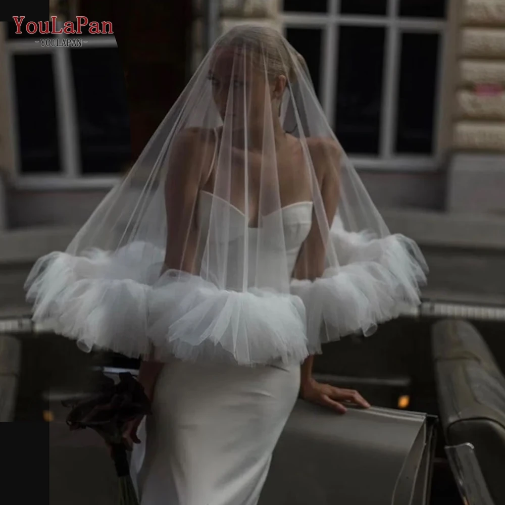 YouLaPan Two Layers Bridal Veils with Blusher Bridal Illusion Tulle Short Wedding Veil in Mesh Ruffled lace Applique Edge V183