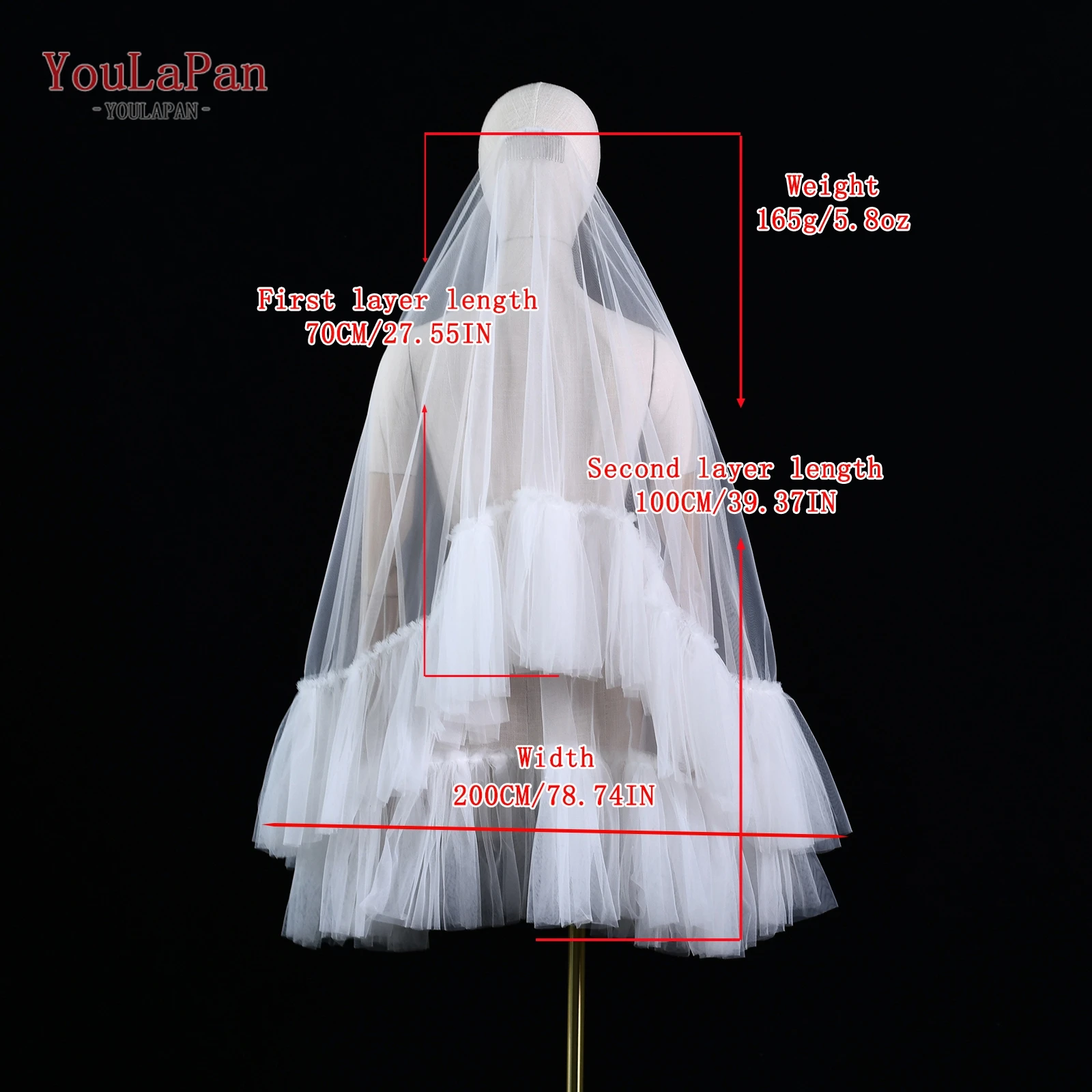 YouLaPan Two Layers Bridal Veils with Blusher Bridal Illusion Tulle Short Wedding Veil in Mesh Ruffled lace Applique Edge V183