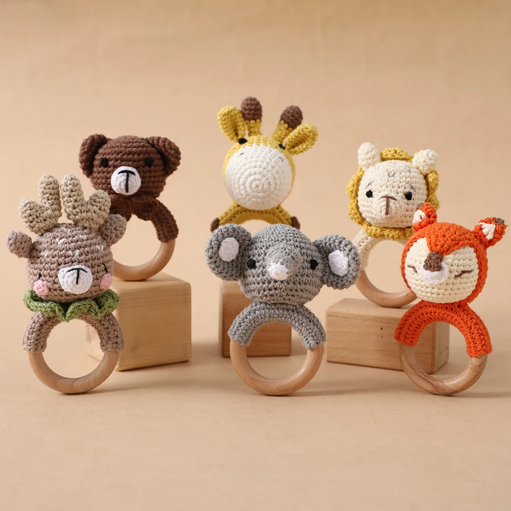 Handmade Crochet Animal Rattle Set Natural Beech Wood Ring Built in Bell Sound Teething Relief Fine Motor Skills Baby Toys Gift