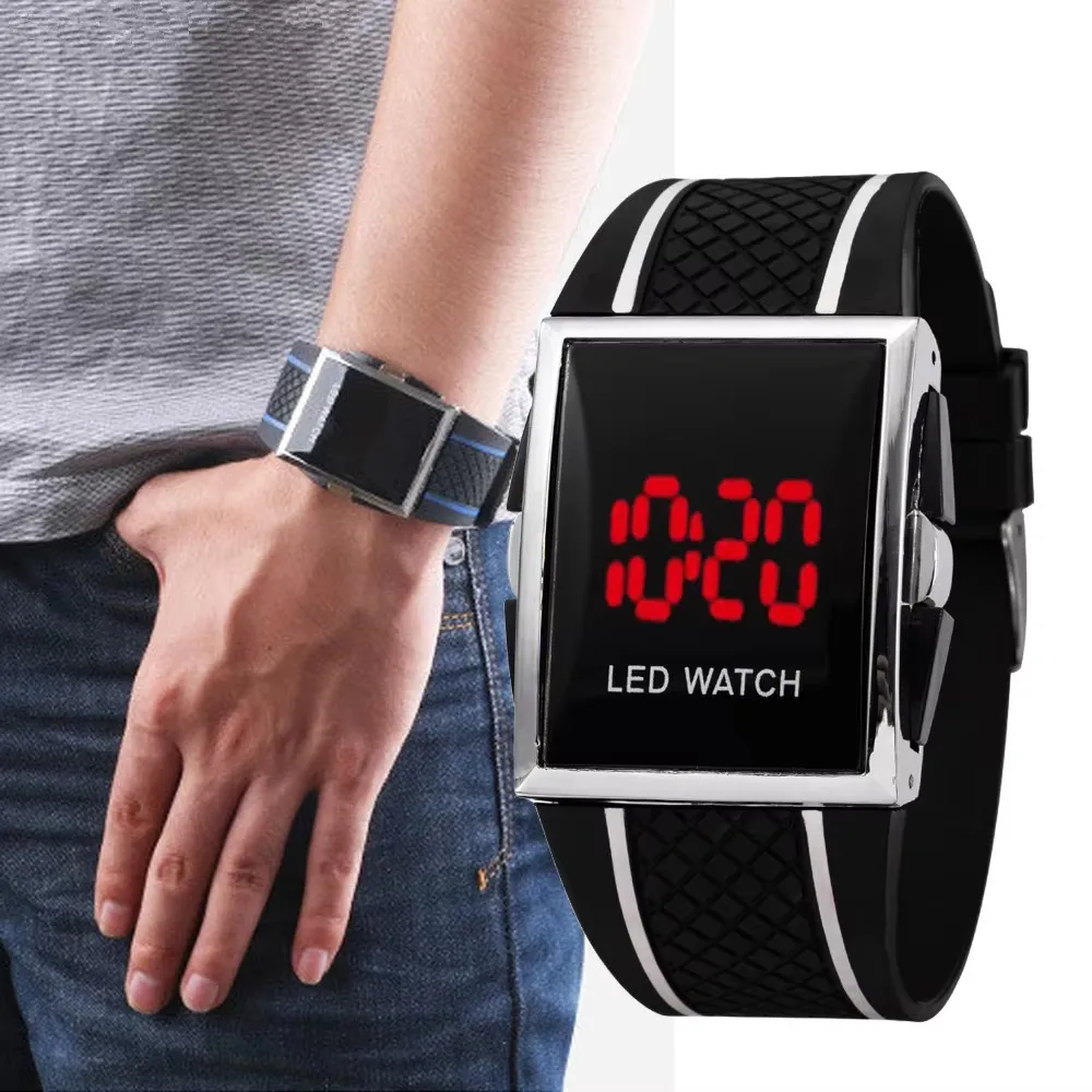 Men Sport Digital Watches Black White Rectangle Man LED Fitness Watch Silicone Strap Mens Electronic Clock Relogio Masculino New