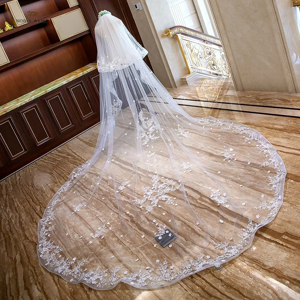 Long Wedding Veils with Comb Two Layers Appliques Bride Veil Lace Edge Tulle Veils Accessories 3m*4m Customized