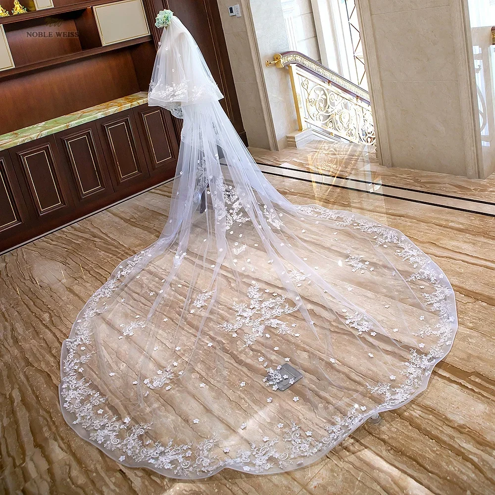 Long Wedding Veils with Comb Two Layers Appliques Bride Veil Lace Edge Tulle Veils Accessories 3m*4m Customized