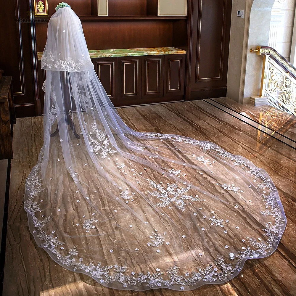 Long Wedding Veils with Comb Two Layers Appliques Bride Veil Lace Edge Tulle Veils Accessories 3m*4m Customized