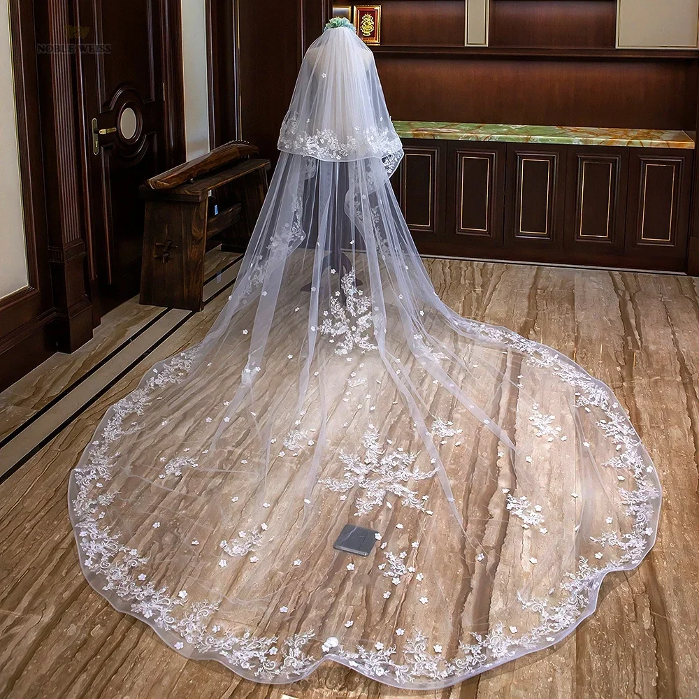Long Wedding Veils with Comb Two Layers Appliques Bride Veil Lace Edge Tulle Veils Accessories 3m*4m Customized