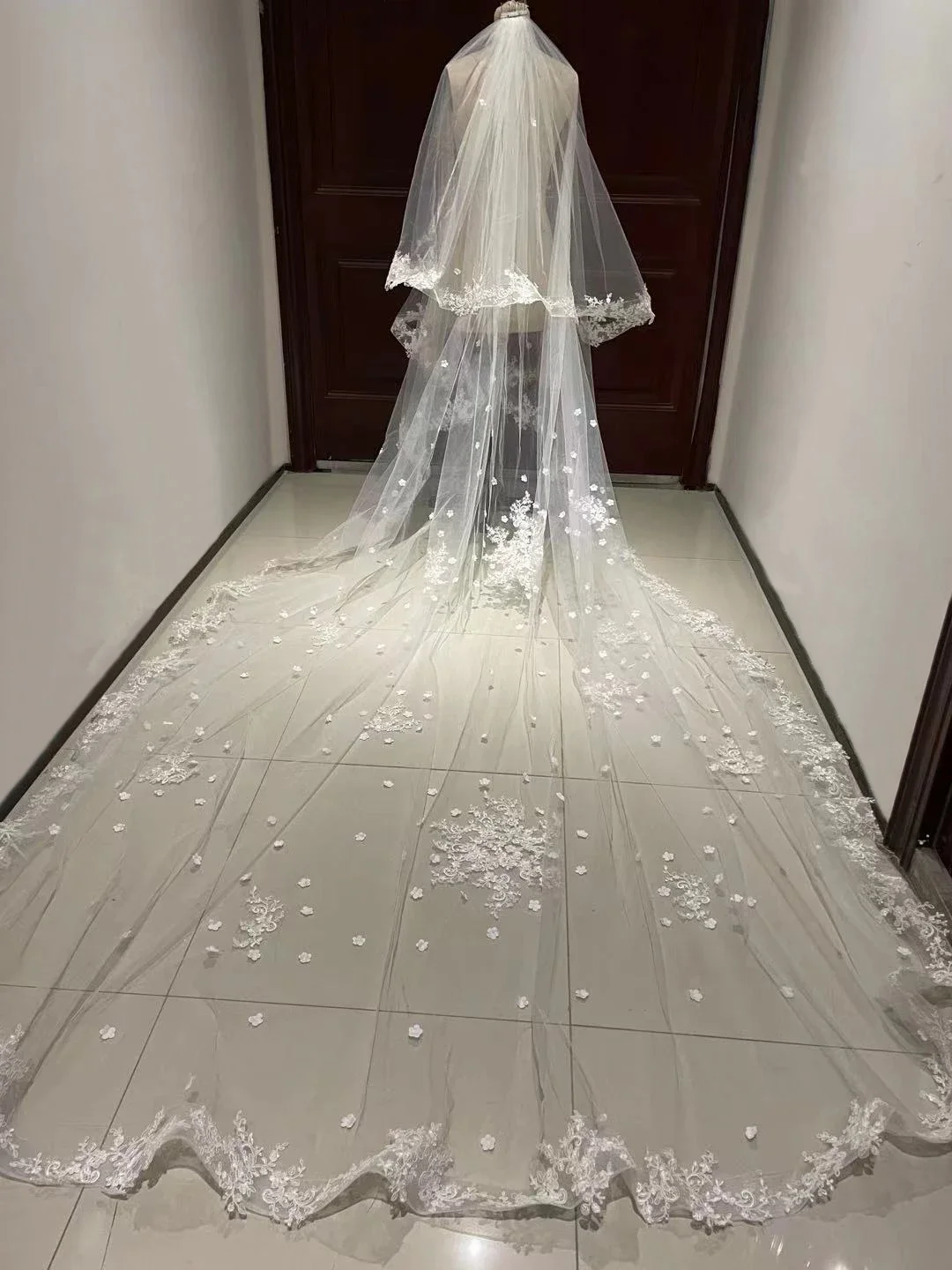 Long Wedding Veils with Comb Two Layers Appliques Bride Veil Lace Edge Tulle Veils Accessories 3m*4m Customized