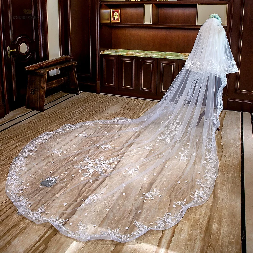 Long Wedding Veils with Comb Two Layers Appliques Bride Veil Lace Edge Tulle Veils Accessories 3m*4m Customized