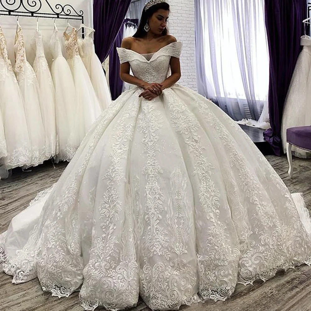 Customized Arabic Lace Ball Gown Wedding Dresses Off the Shoulder Chapel Wedding Gowns Sequins Beaded Plus Size Bridal Dress