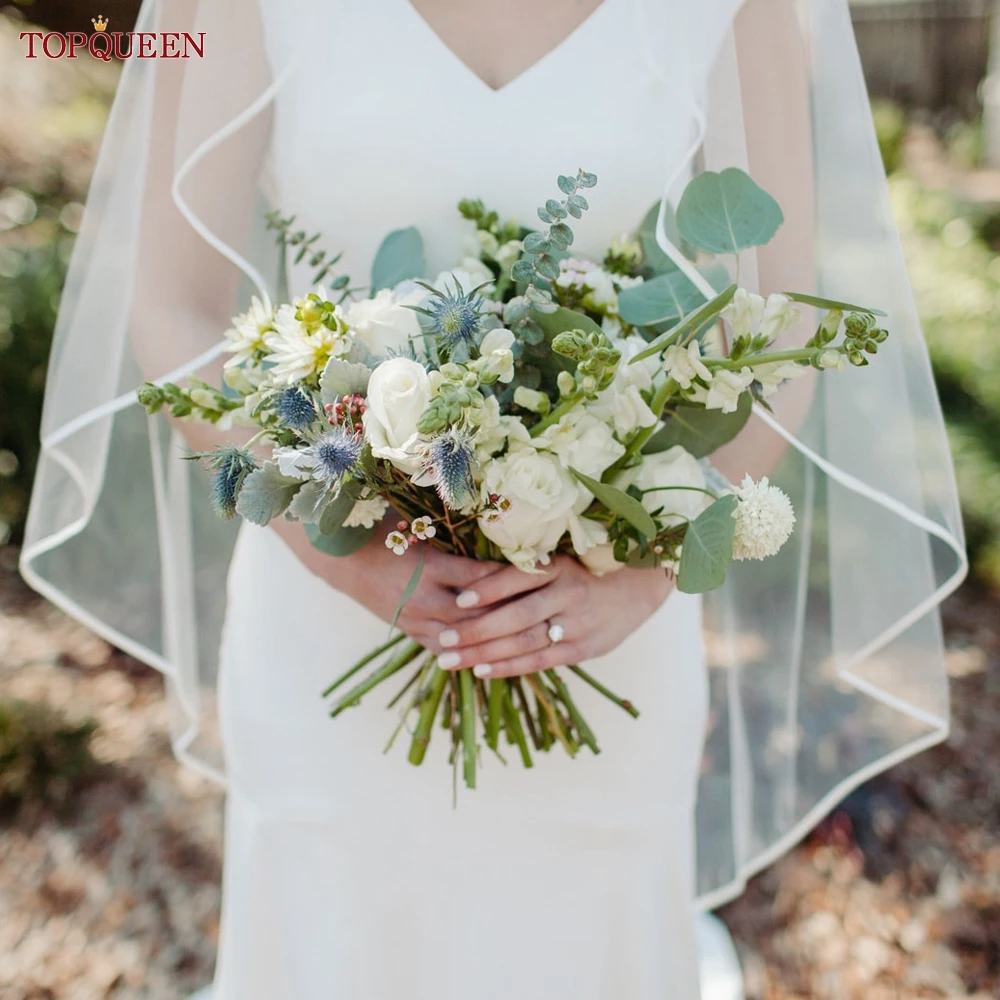 TOPQUEEN V21 Ribbon Edge Wedding Veil Bridal Veils Wedding Short 1 Tier Elegant Rochii Wedding Veil Long With Comb Soft Veu