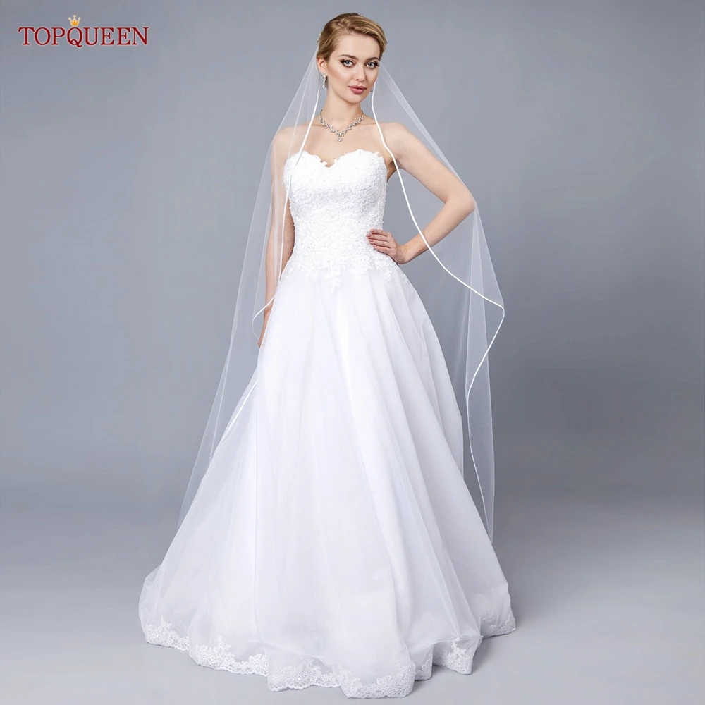TOPQUEEN V21 Ribbon Edge Wedding Veil Bridal Veils Wedding Short 1 Tier Elegant Rochii Wedding Veil Long With Comb Soft Veu