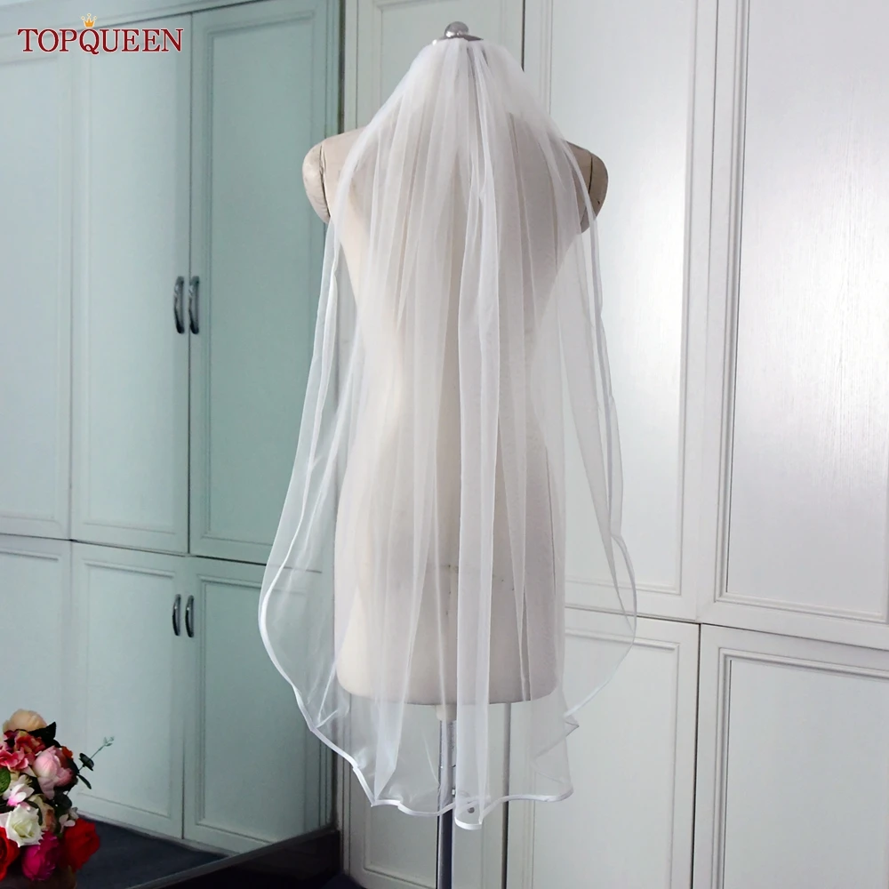 TOPQUEEN V21 Ribbon Edge Wedding Veil Bridal Veils Wedding Short 1 Tier Elegant Rochii Wedding Veil Long With Comb Soft Veu