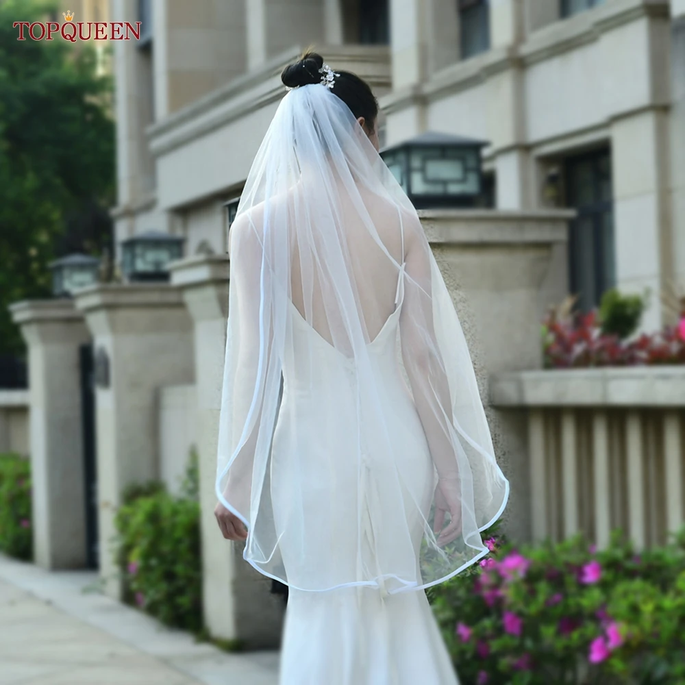 TOPQUEEN V21 Ribbon Edge Wedding Veil Bridal Veils Wedding Short 1 Tier Elegant Rochii Wedding Veil Long With Comb Soft Veu