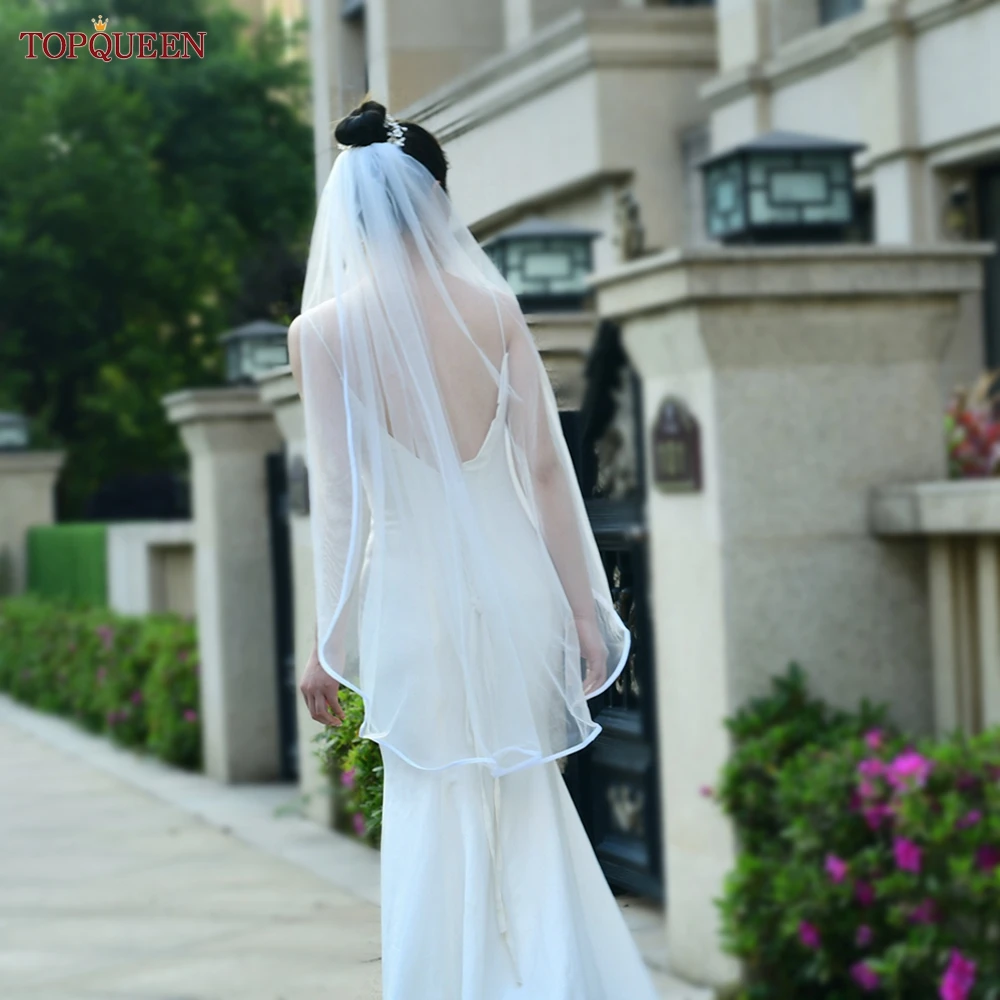 TOPQUEEN V21 Ribbon Edge Wedding Veil Bridal Veils Wedding Short 1 Tier Elegant Rochii Wedding Veil Long With Comb Soft Veu
