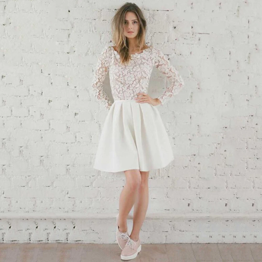 2023 Modern Sexy Short Lace Wedding Dresses Backless Jewel Neck Long Sleeves  Gowns Mini Length Bridal  On Sale
