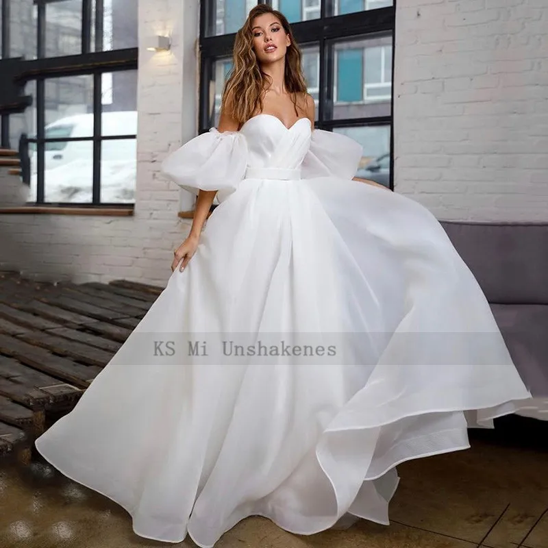 Princess White Wedding Dress Puff Short Sleeve Plus Size Bridal Dresses Lace up Back A Line Cheap Wedding Gowns Vestido de Noiva