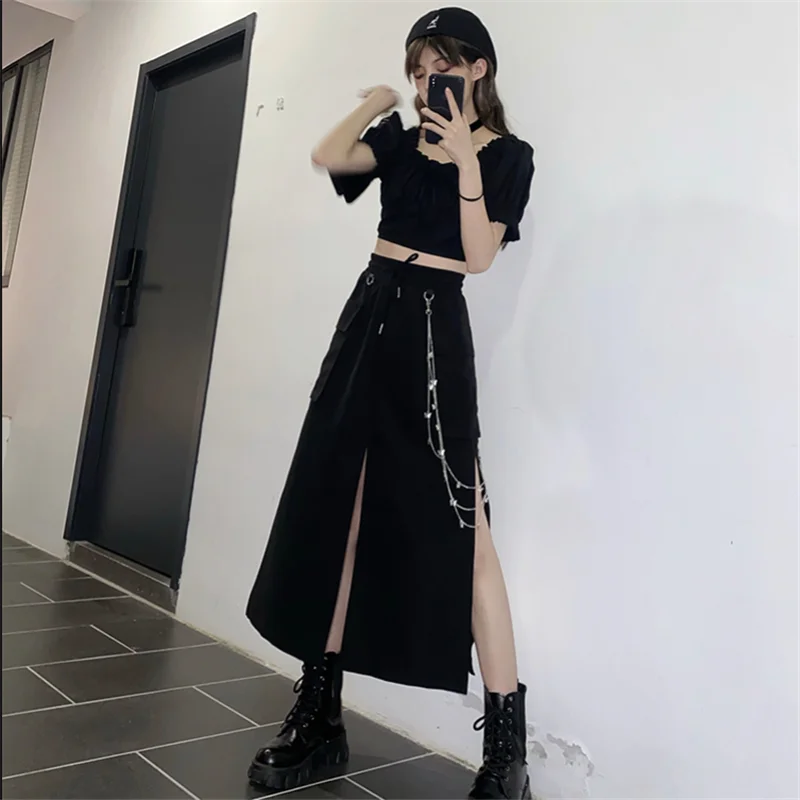 2025 New Spring Autumn Women Skirt Fashion Korean Style Black Long Skirts with Chain Side Slit Hip Hop Streetwear Plus Size