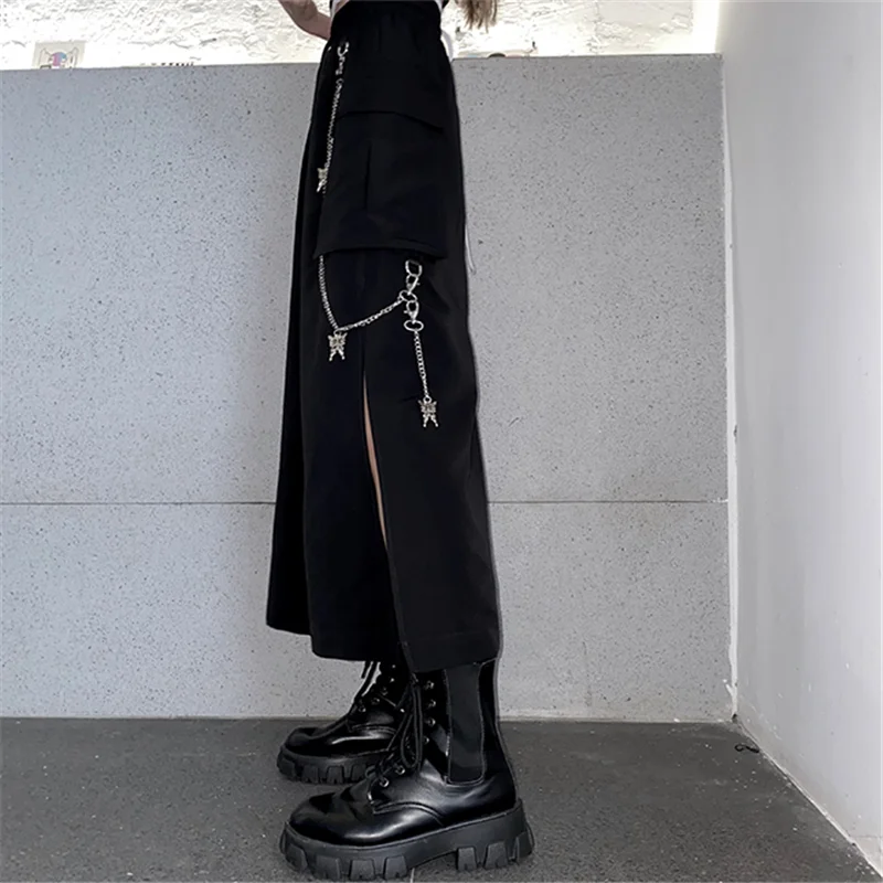 2025 New Spring Autumn Women Skirt Fashion Korean Style Black Long Skirts with Chain Side Slit Hip Hop Streetwear Plus Size