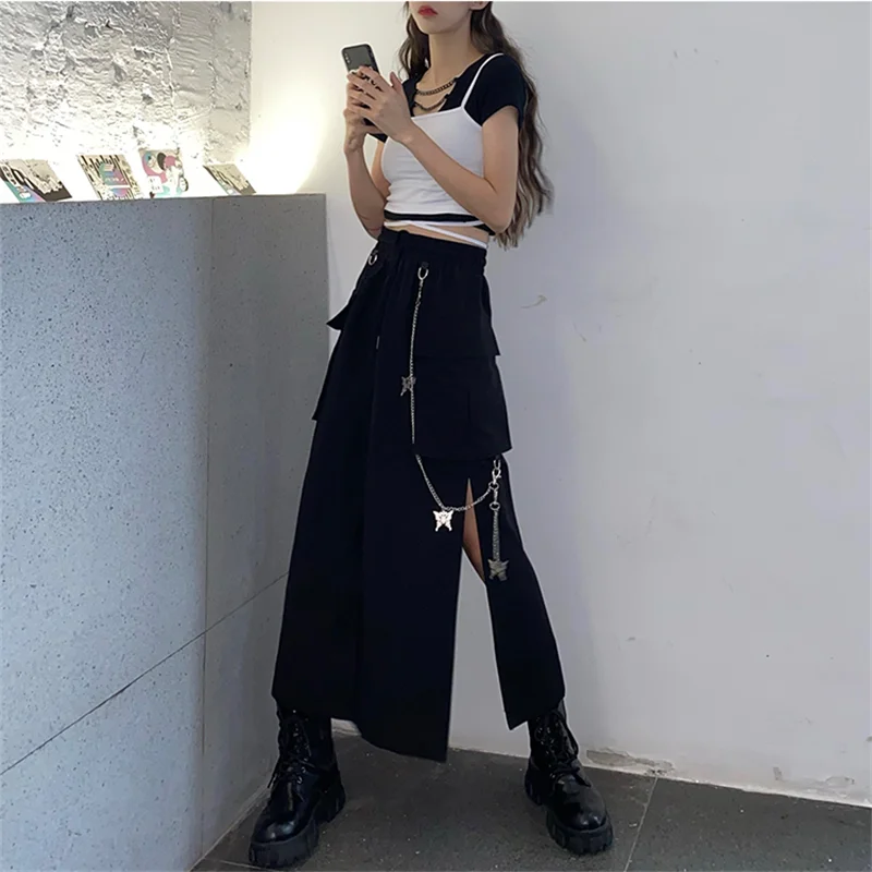 2025 New Spring Autumn Women Skirt Fashion Korean Style Black Long Skirts with Chain Side Slit Hip Hop Streetwear Plus Size