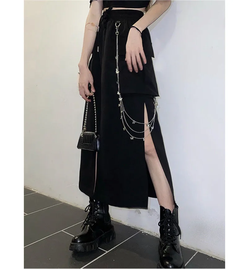2025 New Spring Autumn Women Skirt Fashion Korean Style Black Long Skirts with Chain Side Slit Hip Hop Streetwear Plus Size