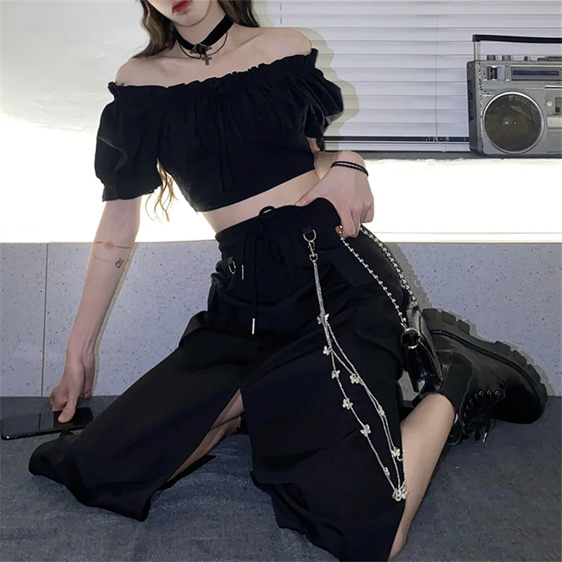 2025 New Spring Autumn Women Skirt Fashion Korean Style Black Long Skirts with Chain Side Slit Hip Hop Streetwear Plus Size