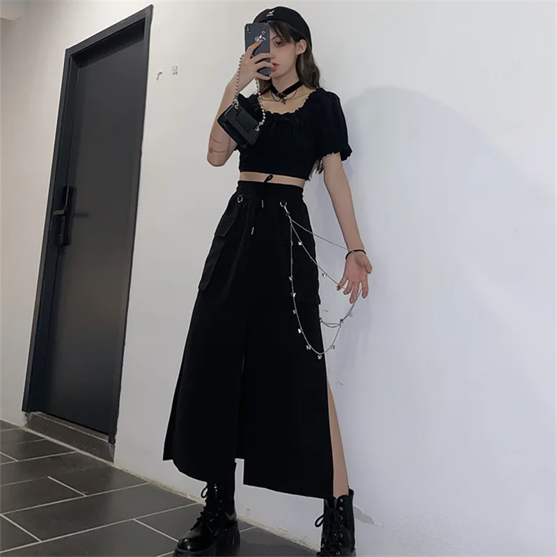 2025 New Spring Autumn Women Skirt Fashion Korean Style Black Long Skirts with Chain Side Slit Hip Hop Streetwear Plus Size