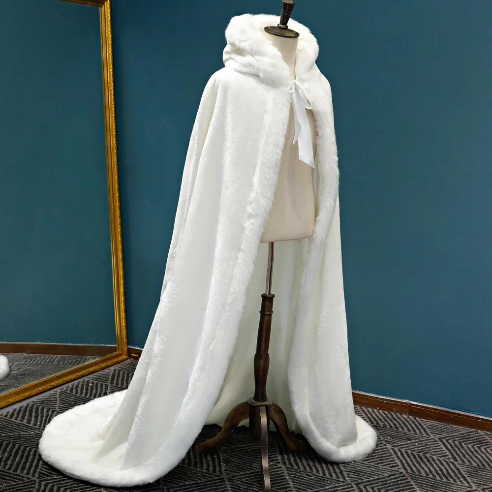 Winter Long Warm Wedding Capes Wedding Cloak Floor Length Bride Shawl Faux Fur Cape Coat Adult Bridal Wrap Customized