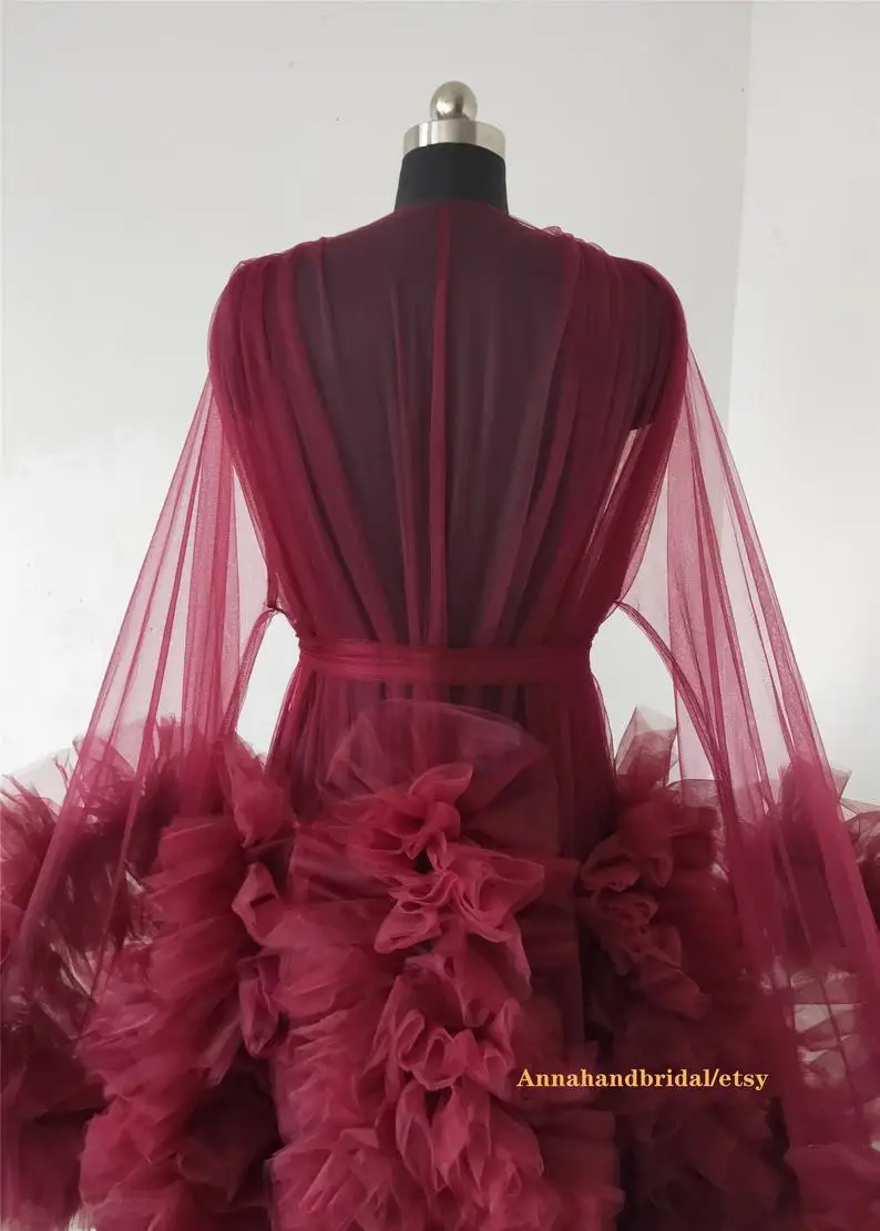 Women's Burgundy Photography Dress Sexy Robe Nightgown Ruffles Sleepwear Lace Tulle Bathrobe Pajamas Prom Bridesmaid Shawl