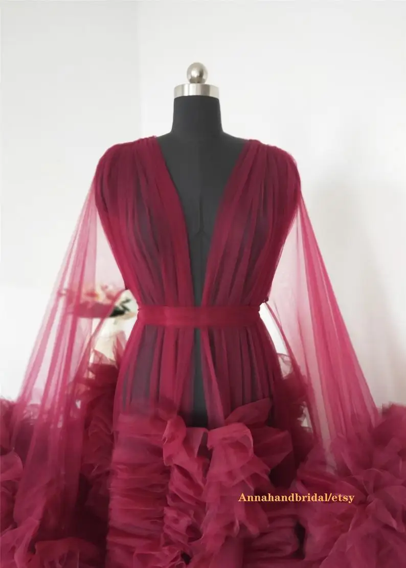 Women's Burgundy Photography Dress Sexy Robe Nightgown Ruffles Sleepwear Lace Tulle Bathrobe Pajamas Prom Bridesmaid Shawl