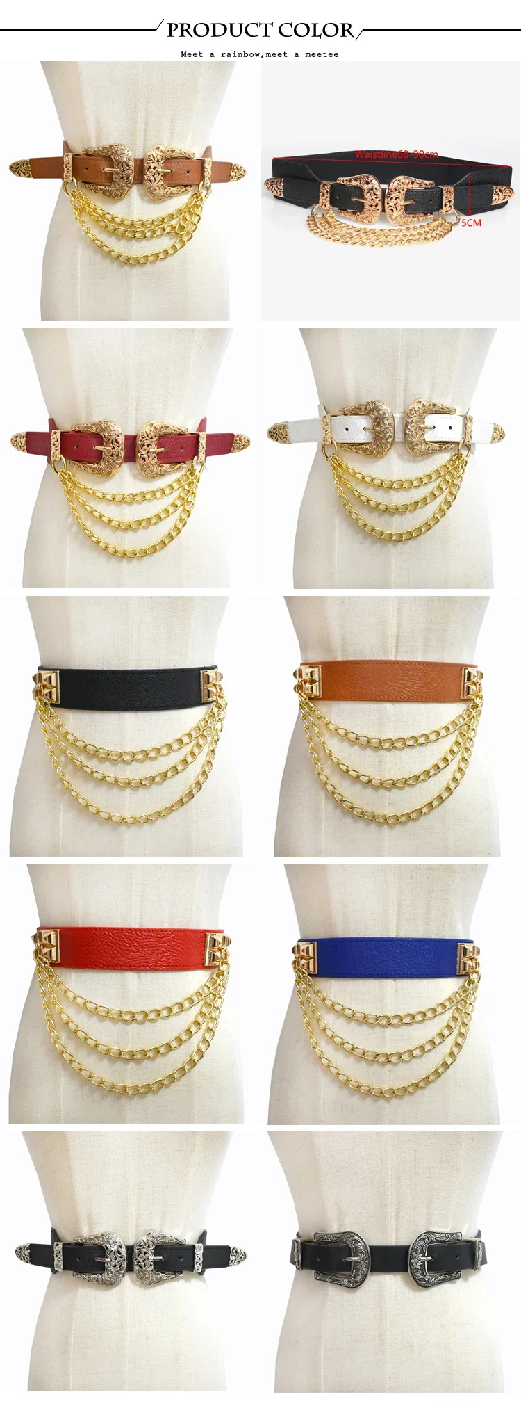 1Pc 4*68cm Women Elastic Double Buckle Belts Cummerbunds Chain Ladies Waistband with Dress Fashion Decoration Punk Belt Corset