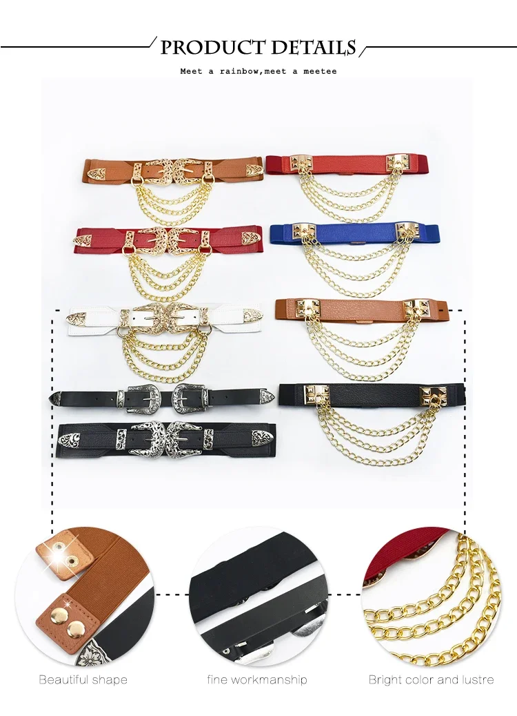 1Pc 4*68cm Women Elastic Double Buckle Belts Cummerbunds Chain Ladies Waistband with Dress Fashion Decoration Punk Belt Corset