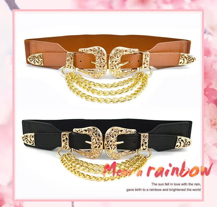 1Pc 4*68cm Women Elastic Double Buckle Belts Cummerbunds Chain Ladies Waistband with Dress Fashion Decoration Punk Belt Corset