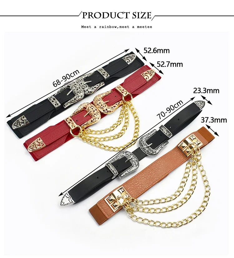 1Pc 4*68cm Women Elastic Double Buckle Belts Cummerbunds Chain Ladies Waistband with Dress Fashion Decoration Punk Belt Corset