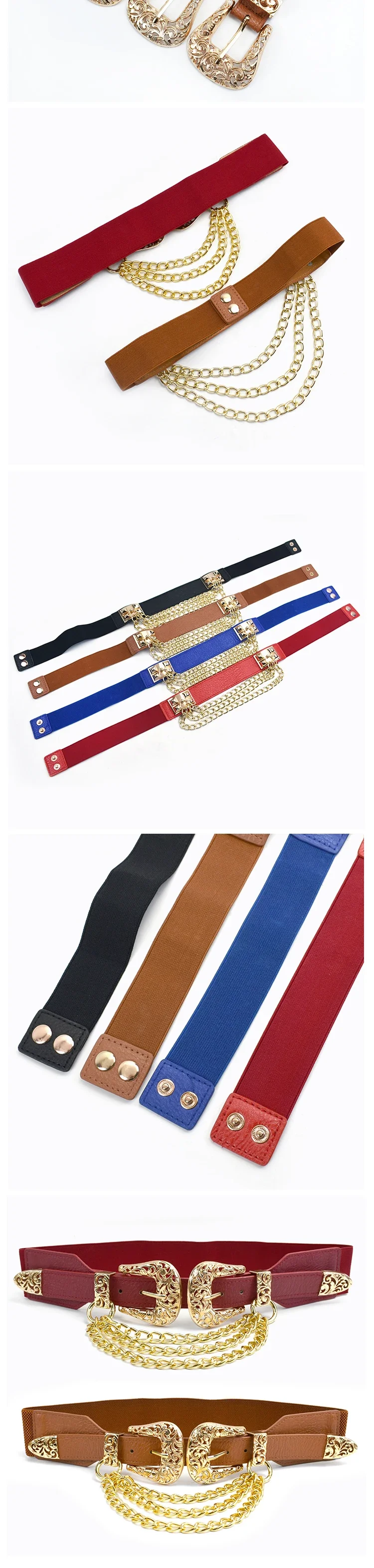 1Pc 4*68cm Women Elastic Double Buckle Belts Cummerbunds Chain Ladies Waistband with Dress Fashion Decoration Punk Belt Corset
