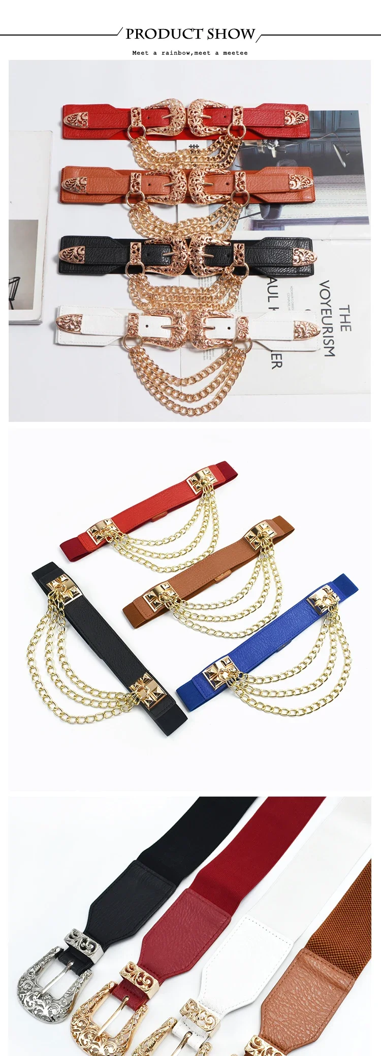 1Pc 4*68cm Women Elastic Double Buckle Belts Cummerbunds Chain Ladies Waistband with Dress Fashion Decoration Punk Belt Corset