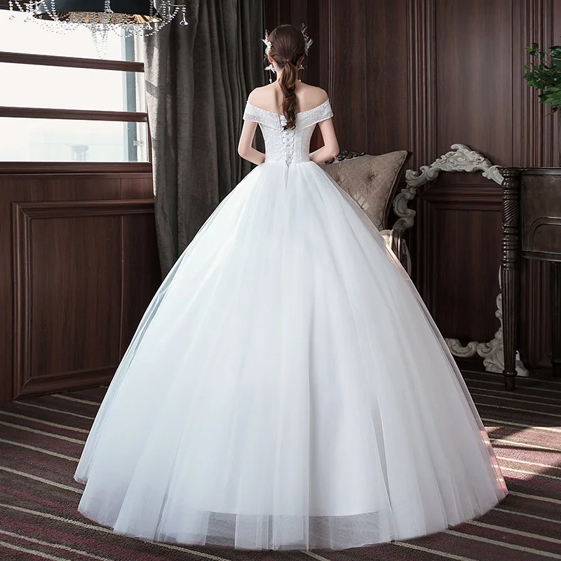 White Long Wedding Dress Embroidered Lace on Net Boat Neck Lace-Up Ball Gown Wholesale Cheap Manufacturer HMHS-83