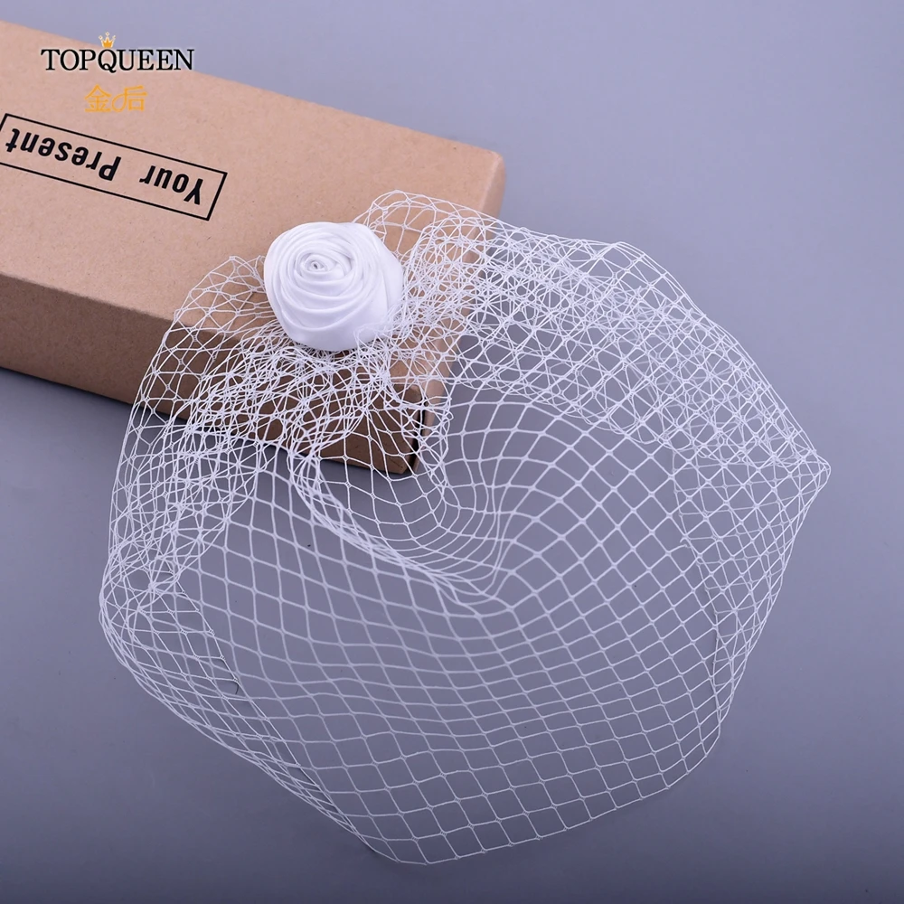 TOPQUEEN VA02 100% Handmade Birdcage Veil Blusher Veil White Ribbon Flower Headband Veil For Bridal Hair Accessories Face Veil