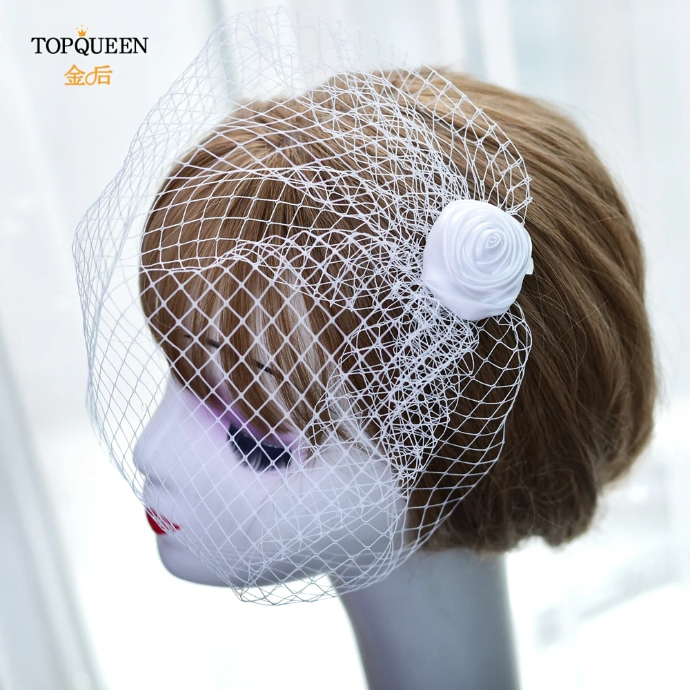 TOPQUEEN VA02 100% Handmade Birdcage Veil Blusher Veil White Ribbon Flower Headband Veil For Bridal Hair Accessories Face Veil