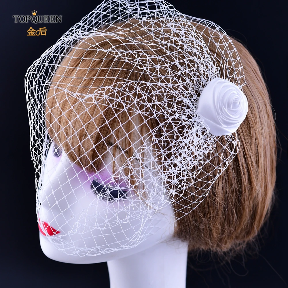 TOPQUEEN VA02 100% Handmade Birdcage Veil Blusher Veil White Ribbon Flower Headband Veil For Bridal Hair Accessories Face Veil