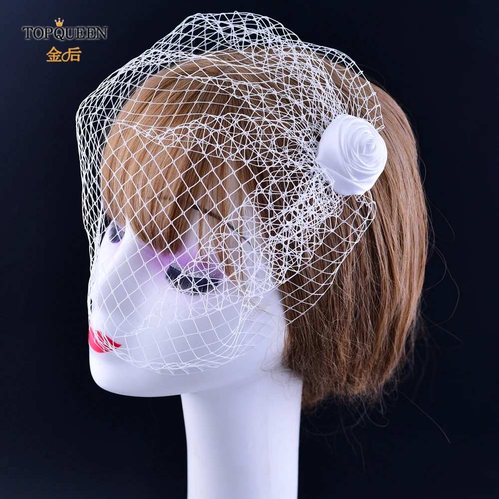 TOPQUEEN VA02 100% Handmade Birdcage Veil Blusher Veil White Ribbon Flower Headband Veil For Bridal Hair Accessories Face Veil