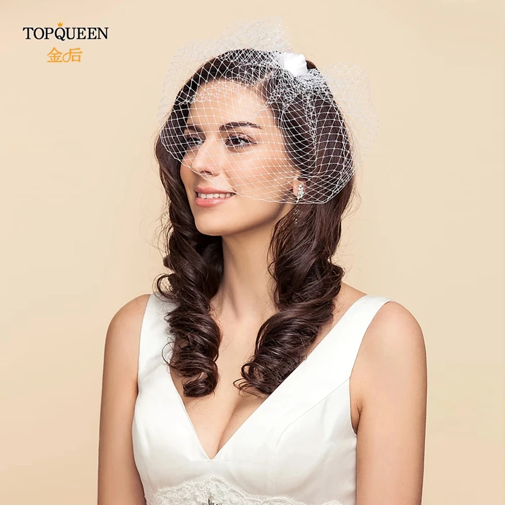 TOPQUEEN VA02 100% Handmade Birdcage Veil Blusher Veil White Ribbon Flower Headband Veil For Bridal Hair Accessories Face Veil