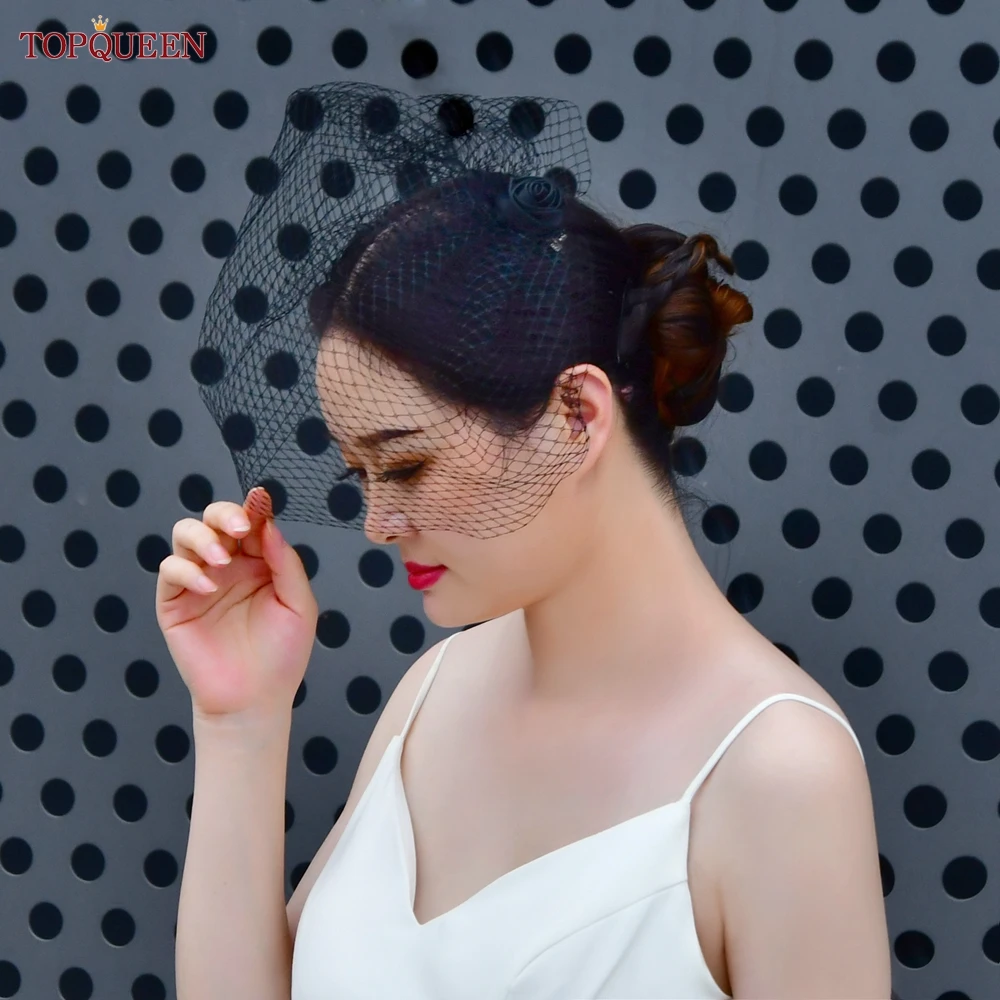 TOPQUEEN VA02 100% Handmade Birdcage Veil Blusher Veil White Ribbon Flower Headband Veil For Bridal Hair Accessories Face Veil