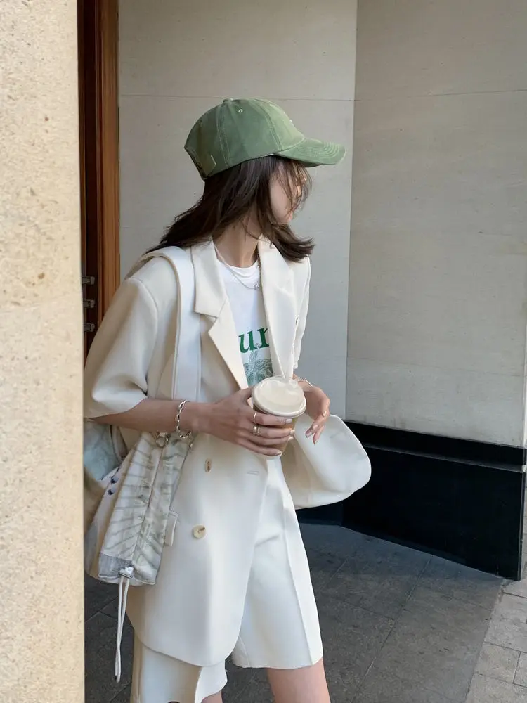 Korean Loose 2 Piece Women Short Set with Blazer Summer 2025 Thin Short-sleeved Blazers + Shorts Casual Office Ladies Suits