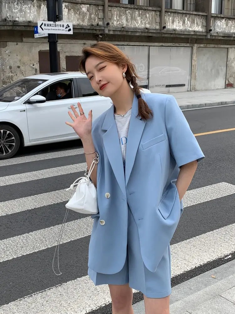 Korean Loose 2 Piece Women Short Set with Blazer Summer 2025 Thin Short-sleeved Blazers + Shorts Casual Office Ladies Suits