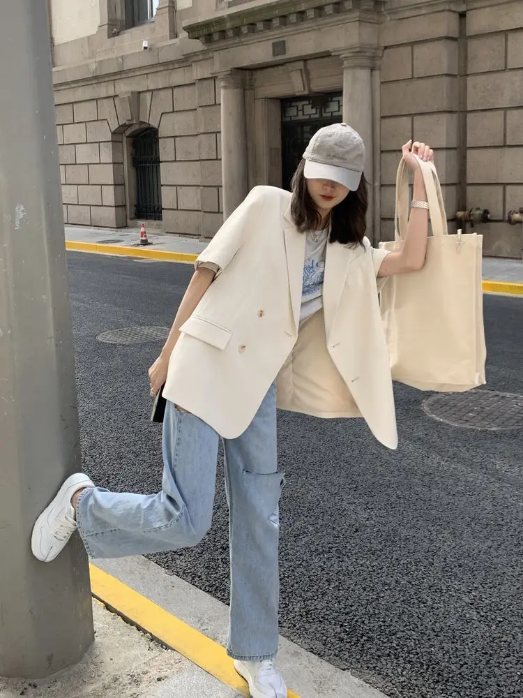 Korean Loose 2 Piece Women Short Set with Blazer Summer 2025 Thin Short-sleeved Blazers + Shorts Casual Office Ladies Suits