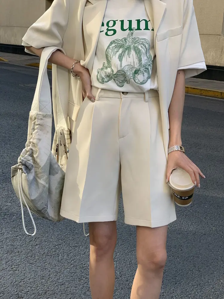 Korean Loose 2 Piece Women Short Set with Blazer Summer 2025 Thin Short-sleeved Blazers + Shorts Casual Office Ladies Suits