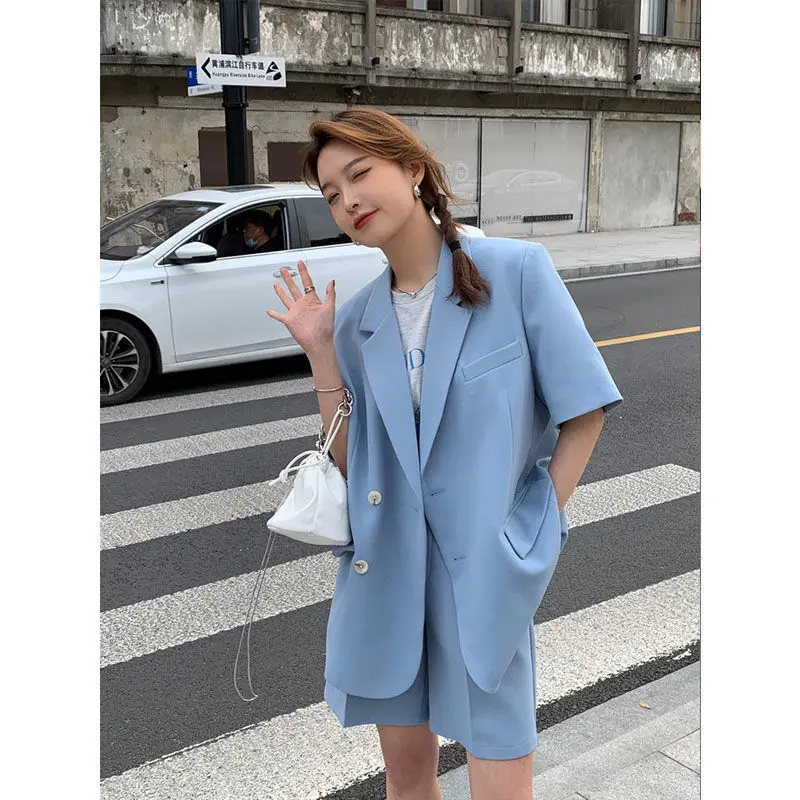 Korean Loose 2 Piece Women Short Set with Blazer Summer 2025 Thin Short-sleeved Blazers + Shorts Casual Office Ladies Suits