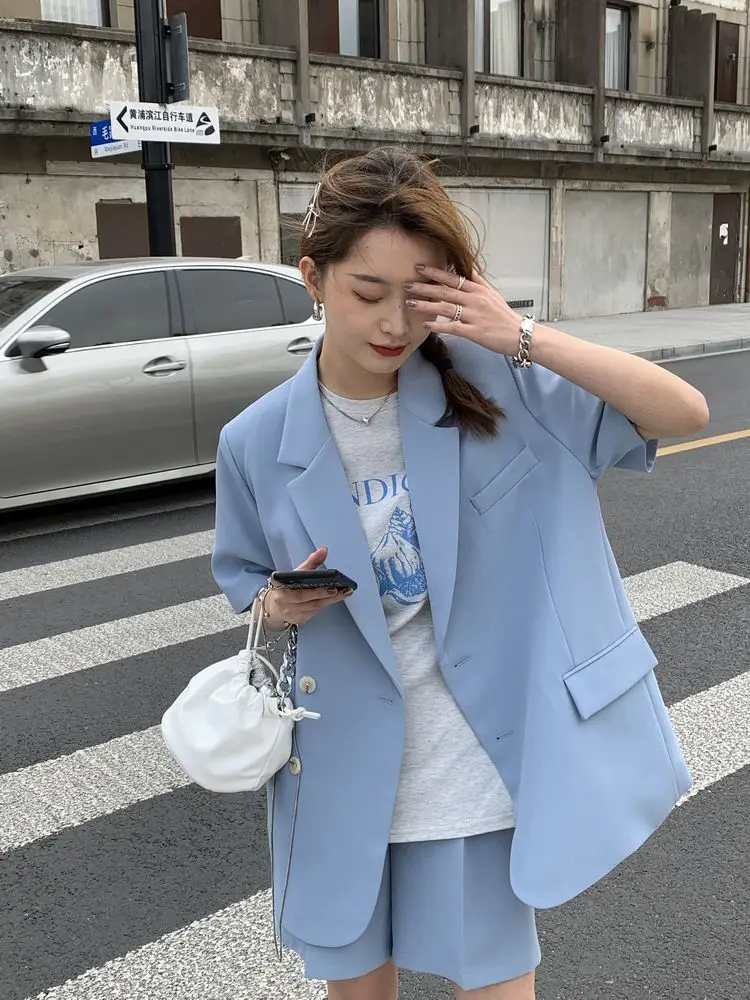 Korean Loose 2 Piece Women Short Set with Blazer Summer 2025 Thin Short-sleeved Blazers + Shorts Casual Office Ladies Suits