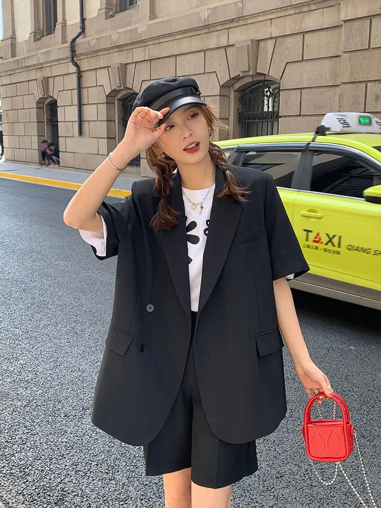 Korean Loose 2 Piece Women Short Set with Blazer Summer 2025 Thin Short-sleeved Blazers + Shorts Casual Office Ladies Suits