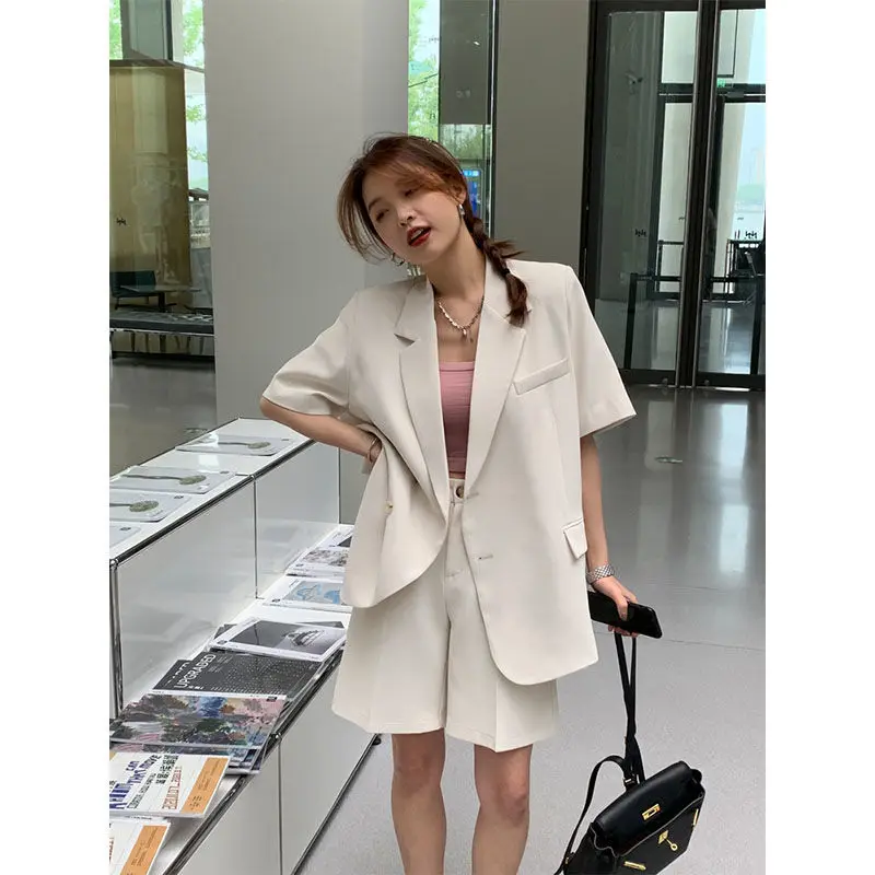 Korean Loose 2 Piece Women Short Set with Blazer Summer 2025 Thin Short-sleeved Blazers + Shorts Casual Office Ladies Suits